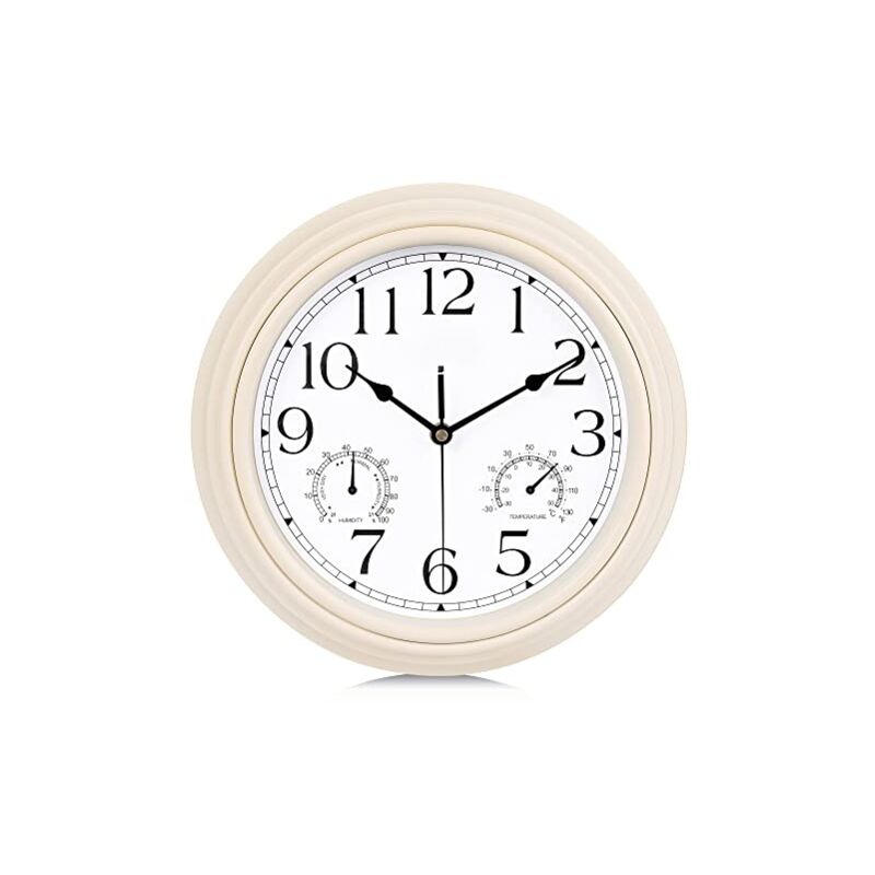 Horloge Murale avec Thermomètre et Hygromètre - Pendule Rétro - Salon Cuisine - 30cm (Blanc)