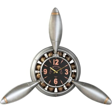 Horloge murale avion style vintage métal argent et doré - argent vieilli touches dorées et noires