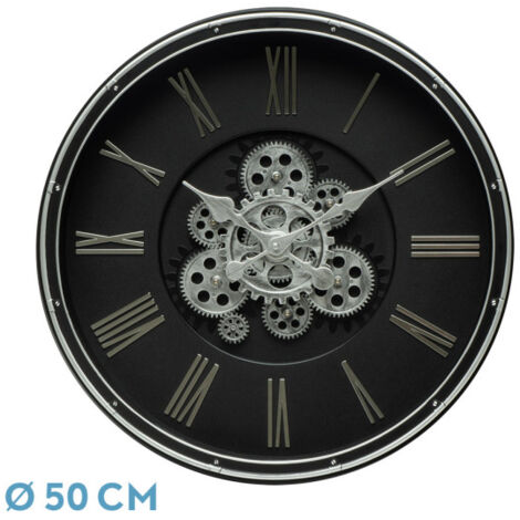 Horloge murale CACIN noir argent 50x50x6 cm avec engrenages avec mouvement