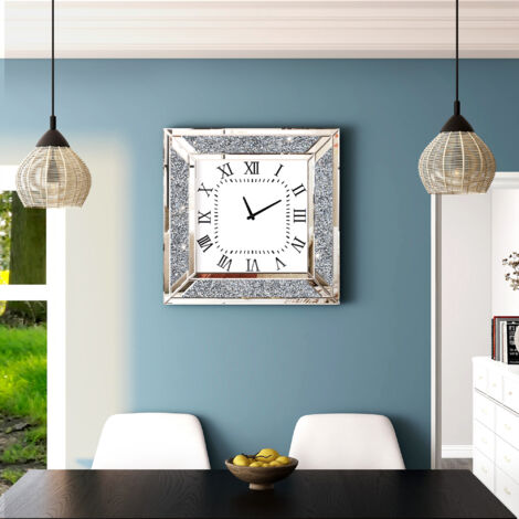 Horloge murale carrée avec cadre en miroir et strass, style luxueux pour la décoration intérieure