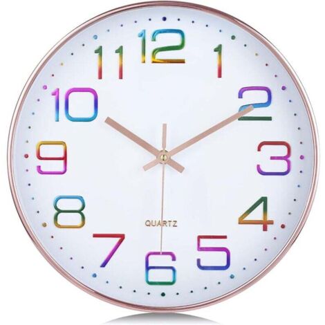 Horloge Murale Chiffres 3D Multicolore, Silencieuse Moderne 30cm Pendule Murale Or Rose, Facile à Lire sans Tic-tac Déco pour Cuisine Salon