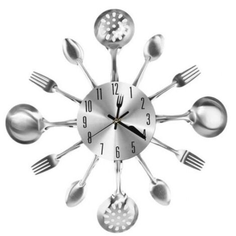 Horloge murale couverts, montre de à cuillères, louche & fourchettes, Ø 40 cm, métal, à pile, bruit, argenté