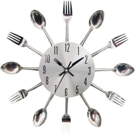 Horloge murale créative en forme de couverts, horloge de cuisine moderne pour la décoration intérieure, argentée