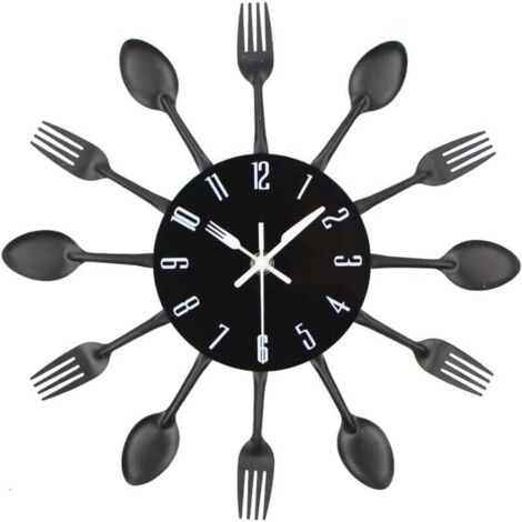 Horloge Murale Cuisine 3D Amovible Moderne Créative Décoration Maison Cuillère Fourchette Miroir Autocollant Noir