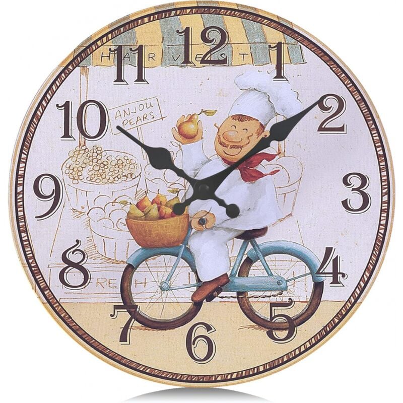 Sunxury - Horloge Murale Cuisine Bois Jaune Silencieuse 30cm Pendule Murale Quartz Rustique avec Le Modèle de Chef pour Salle a Manger