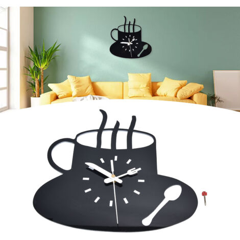 Horloge Murale Cuisine Moderne Style Mug Café 3D Acrylique Mouvement Silencieux Design Sans Cadre Petit