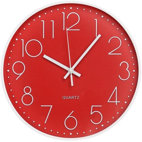 Horloge murale de 30 cm sans tic-tac, silencieuse, moderne, simple, rond, cadran stéréoscopique rouge, horloge murale à quartz pour maison/bureau/école/salon/chambre/cuisine