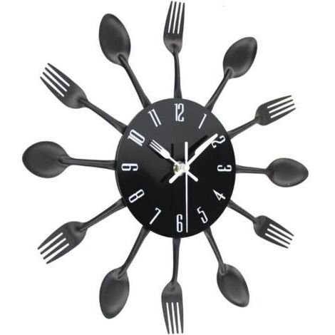 Horloge murale de cuisine 3D amovible, décoration intérieure moderne et créative, comprenant des cuillères, des fourchettes et des autocollants miroir, en noir.