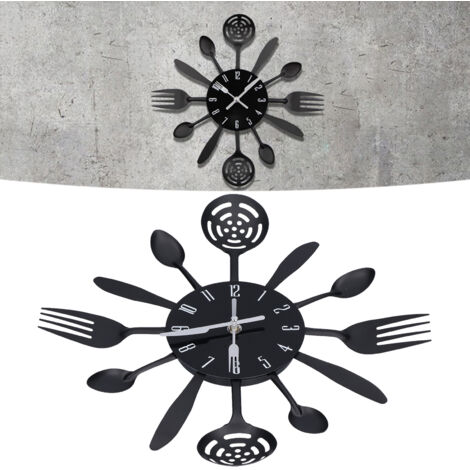 Horloge Murale de Cuisine Design Moderne en ABS Noir avec Pendules Cuillère et Fourchette pour Décor Domicile