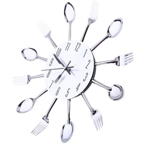 Horloge murale de cuisine, grande surface de miroir 3D argent design moderne couverts ustensiles de cuisine cuillère fourchette