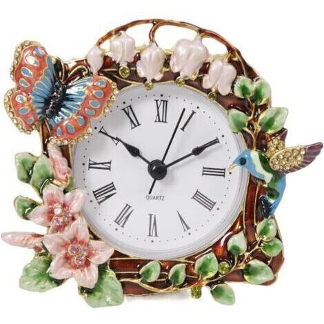 Horloge murale décorative à motifs floraux (papillons et oiseaux), cadre photo floral élégant orné de fleurs en cristal