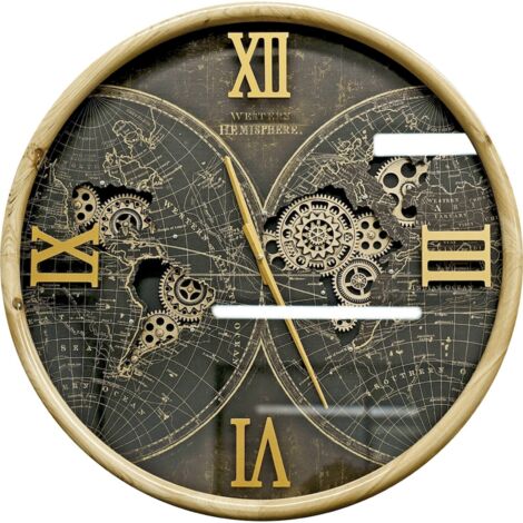 horloge murale décorative en bois et métal style hémisphère - bois naturel et noir or