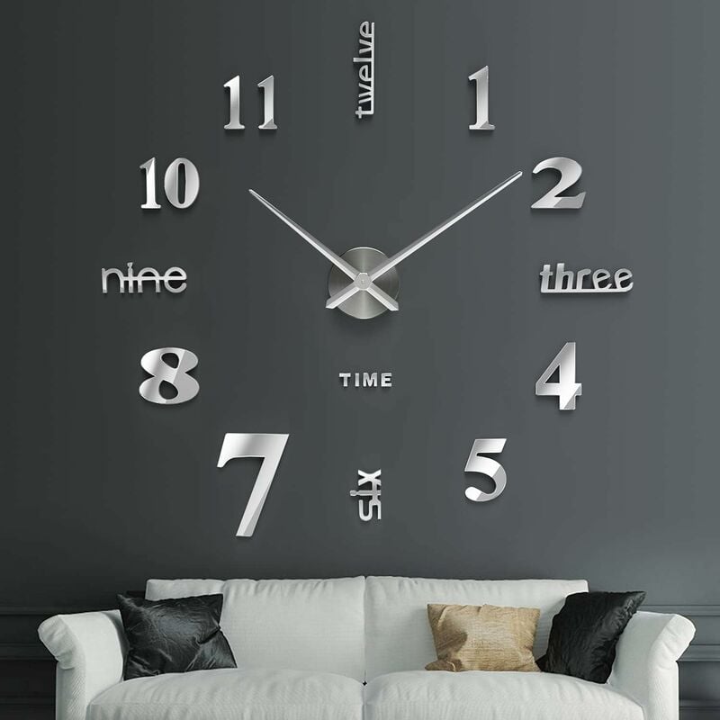 Horloge Murale Design Moderne - Horloge Murale 60cm-120cm - Silencieuse diy Home Office Htel Décoration Groofoo argent)