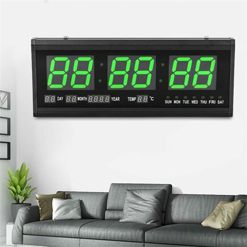 Horloge murale digitale led avec calendrier digital avec affichage de la date et de la température, 48 cm, grande horloge murale digitale led, heure,