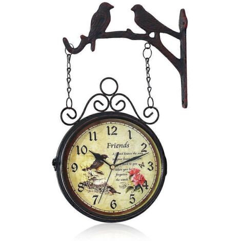 Horloge murale double face intérieure/extérieure en fer forgé, style européen