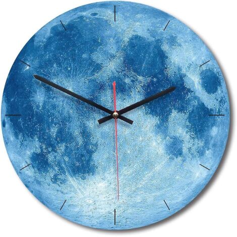 Horloge murale en bois à motif lune, style moderne et silencieux, convient pour une utilisation quotidienne (couleur : bleu)