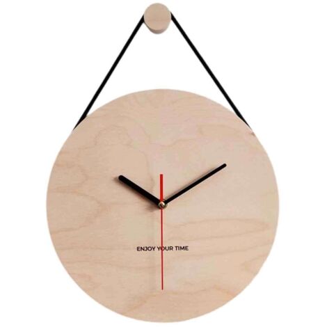 Horloge murale en bois avec cordon de suspension, élégantes aiguilles noires - sans indication de l'heure.
