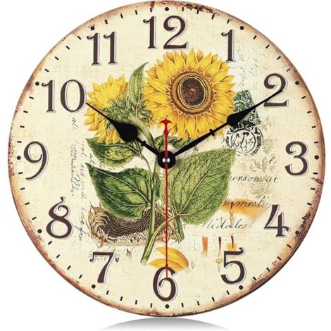 Horloge murale en bois jaune tournesol, silencieuse, 30 cm, à piles, style vintage shabby chic rustique, décoration murale pour cuisine