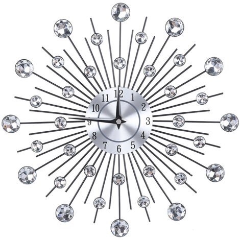 Horloge murale en forme de fleur argentée métallique scintillante pour salon, bureau (fleur ronde)