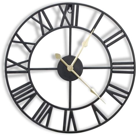 Horloge murale en métal de 16 pouces avec chiffres romains 3D, mouvement silencieux et à piles, superbe décoration murale pour cuisine, salon et ferme, noir