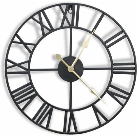 Horloge murale en métal de 16 pouces avec chiffres romains 3D, mouvement silencieux et à piles, superbe décoration murale pour cuisine, salon et ferme, noir