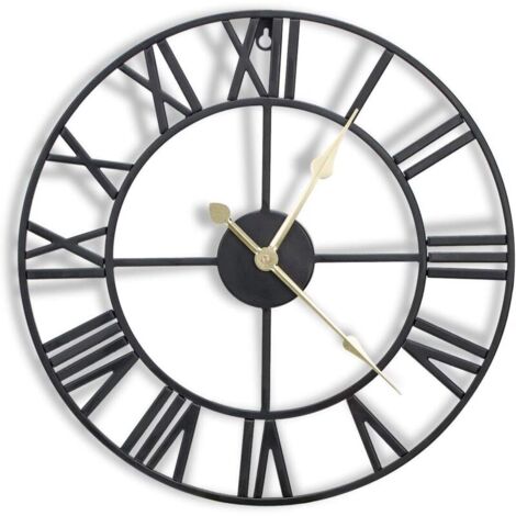 Horloge murale en métal de 16 pouces avec chiffres romains 3D, mouvement silencieux et à piles, superbe décoration murale pour cuisine, salon et ferme, noir