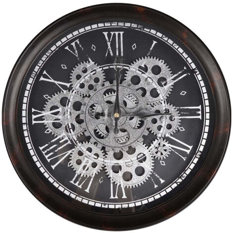 Horloge murale vintage en métal – Cadran transparent avec chiffres romains – Mécanisme décoratif visible pour décoration intérieure – Home Styling
