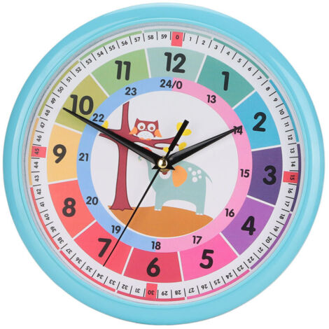 Horloge murale en plastique dessin animé coloré Quartz temps d'apprentissage suspendu pour chambre d'enfant salle de classe bleu