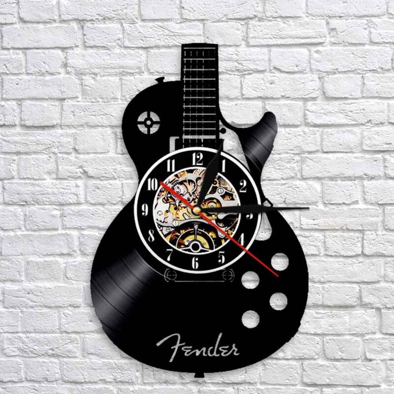 Feiyue - Horloge murale en vinyle pour guitare, cadeaux pour les vacances, horloge murale musicale 12 couleurs noires