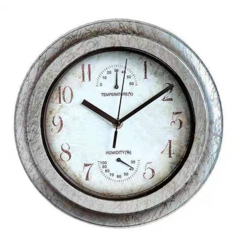 Horloge murale extérieure en métal étanche avec thermomètre et hygromètre. Silencieuse, sans tic-tac. Fonctionne sur piles.