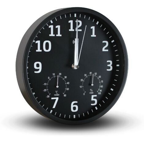 Horloge Murale FISHTEC Radiopilotée Hygromètre Thermomètre Chiffres Blancs Fond Noir Lecture Facile  Longueur : 114 caractères