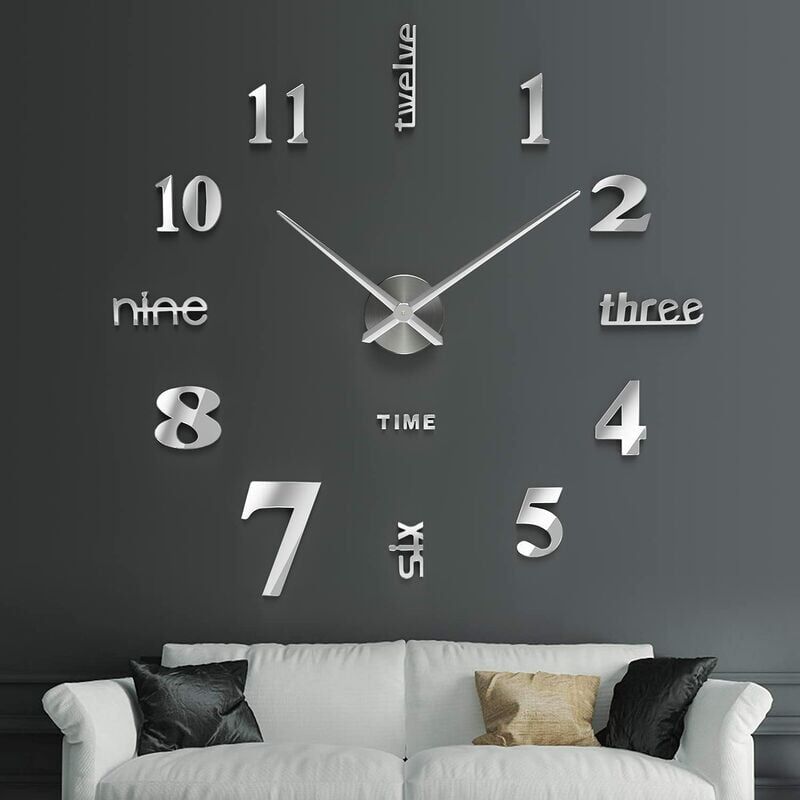 KZQ - Horloge Murale Geante Design Moderne 60-120cm - Pendule Murale Design Moderne pour La Chambre Cuisine Salle de Bain Bureau Hôtel Argenté