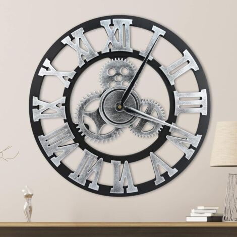 Horloge murale grande de 40 cm, silencieuse, non tic-tac, horloge murale, vintage, pour la maison, la chambre à coucher, le salon, la cuisine, la bar (argenté)