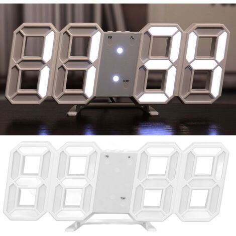 Horloge Murale LED 3D Cadre Blanc Minimaliste avec Alarme, Timer et Température pour Salon, Bureau, Chambre