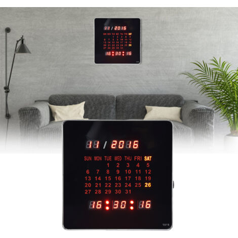 Horloge Murale LED Digitale avec Alarme et Calendrier, Métal Aluminium et Plastique, 20cm, Noir