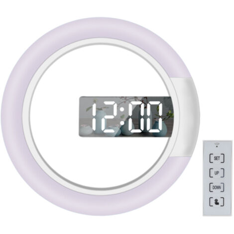 Horloge murale LED miroir ajourée avec télécommande, réveil numérique rond, veilleuse 7 couleurs, luminosité réglable, mode 12/24h, affichage de la température, alarme et fonction snooze.