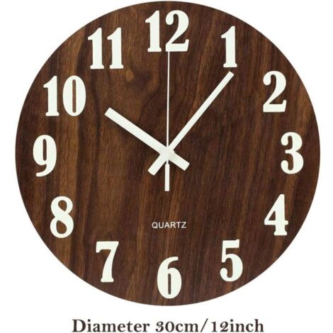 Horloge murale lumineuse 30,5 cm en bois silencieuse – Chiffres lumineux pour visibilité nocturne – Montage mural – Marron
