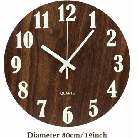 Horloge murale lumineuse de 30,5 cm en bois silencieuse avec veilleuse anti-tiques pour salon, chambre à coucher, cuisine – Marron (numérique classique)
