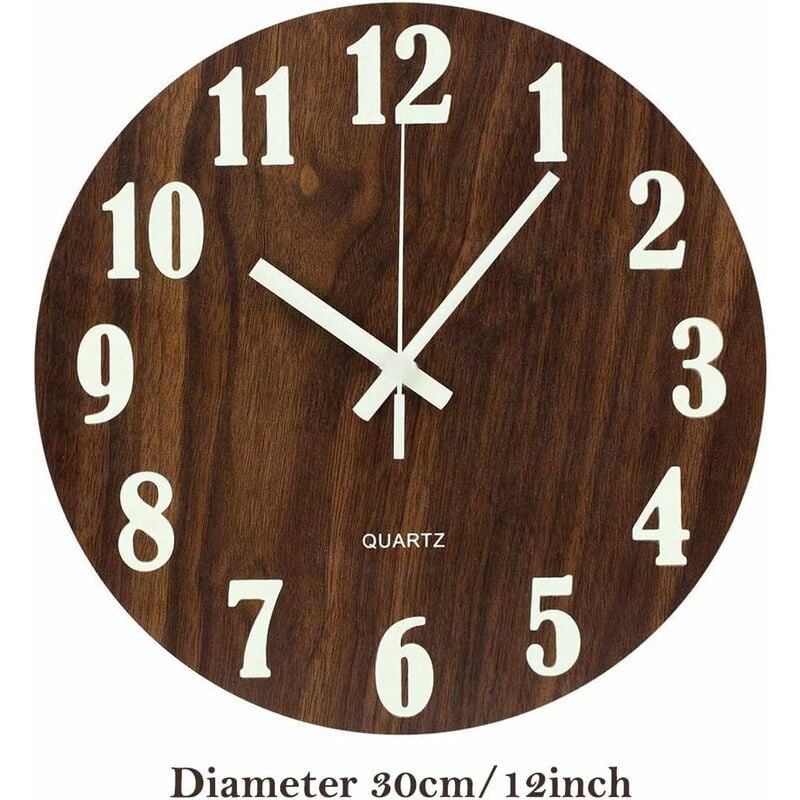 Aougo - Horloge murale lumineuse de 30,5 cm en bois silencieuse avec veilleuse anti-tiques pour salon, chambre à coucher, cuisine – Marron (numérique