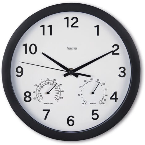 HORLOGE MURALE ''MALTE'', Ø 25 CM, AV. THERM./HYGRO., SANS TIC TAC, NOIR HAMA