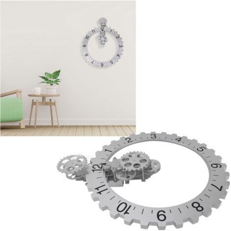 Horloge Murale Mécanique 3D - Cadran Rotatif en Acier Inoxydable 304 - Horloge Art Déco Grande avec Engrenages Mobiles Argenté