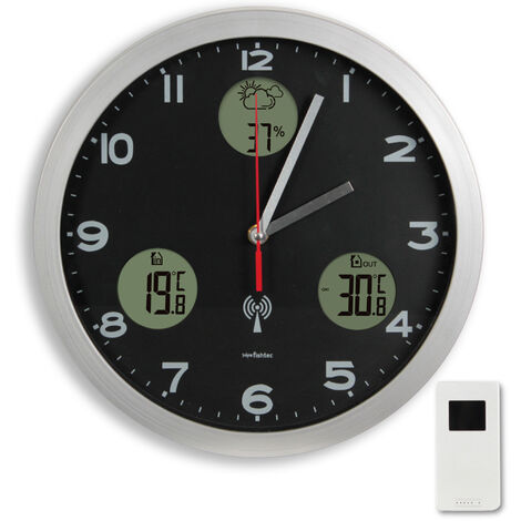Horloge Murale Météo - Prévisions + Températures inérieur - extérieur + Hygrométrie - Radiopilotée - Capteur extérieur - Ø 30 cm