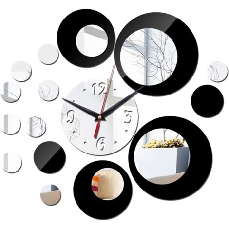 Horloge murale-Miroir acrylique argenté et noir - Créatif pour le salon3Dhorloge murale