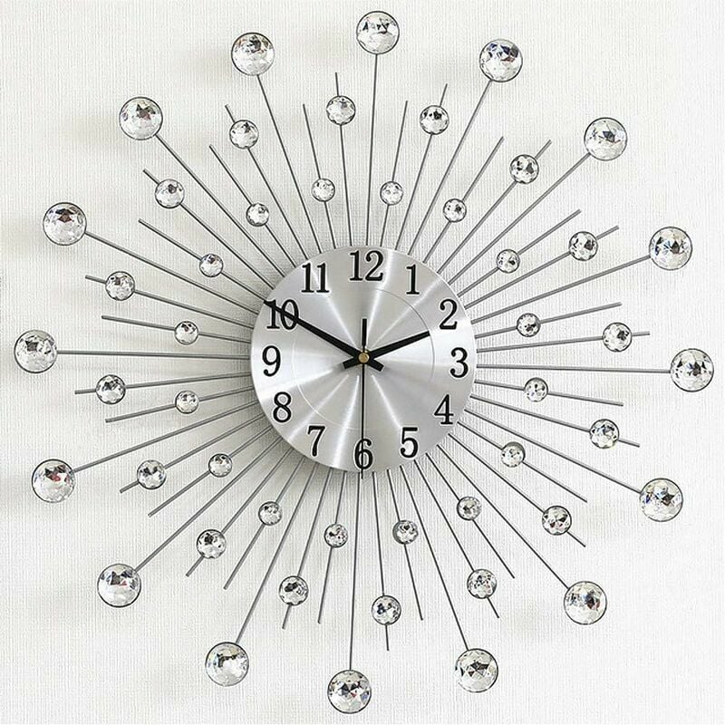 Horloge Murale Mode Diamant Silent Tickless Chiffre Arabe Horloge Argent Grande Horloge Murale pour Salon, Chambre, Cuisine, Décoration d'intérieur