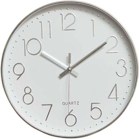 Horloge murale moderne, 30 cm de large décorative universelle silencieuse sans tic-tac intérieur quartz horloge murale ronde sans coquille pour salon cuisine bureau (argent)