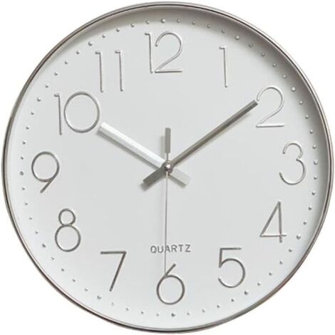 Horloge murale moderne, 30 cm de large décorative universelle silencieuse sans tic-tac intérieur quartz horloge murale ronde sans coquille pour salon cuisine bureau (argent)