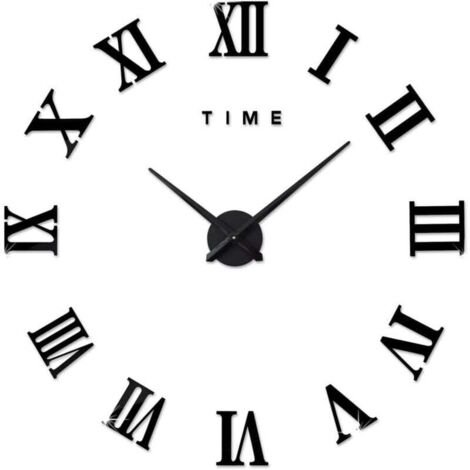 Horloge murale moderne à faire soi-même, grand format, chiffres romains, stickers horloge 3D, décoration pour la maison ou le bureau, amovible (pile non incluse), noire