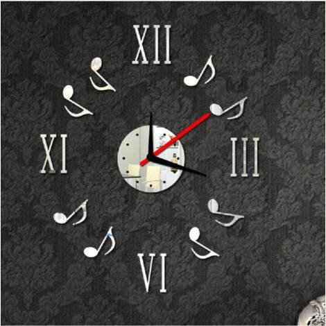 Horloge Murale Moderne Adhésive 3d Chiffres Romains Notes De Musique Miroir