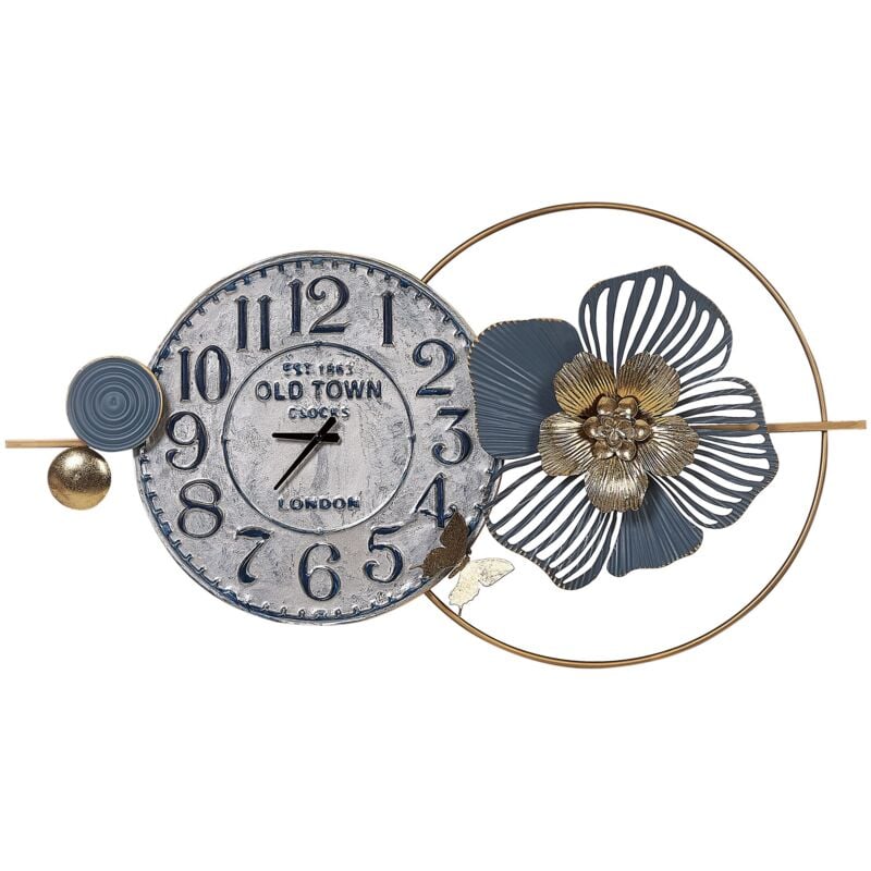 Horloge Murale Moderne en Fer Aiguilles Noir Chiffres Eléments Doré Bleu Berkerium