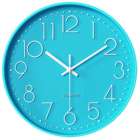 Horloge murale moderne pour enfant - Sans bruit de tic-tac - 30 cm - Quartz - Fonctionne avec piles - Pour bureau, salle de classe, salon, chambre à coucher (bleu lac)